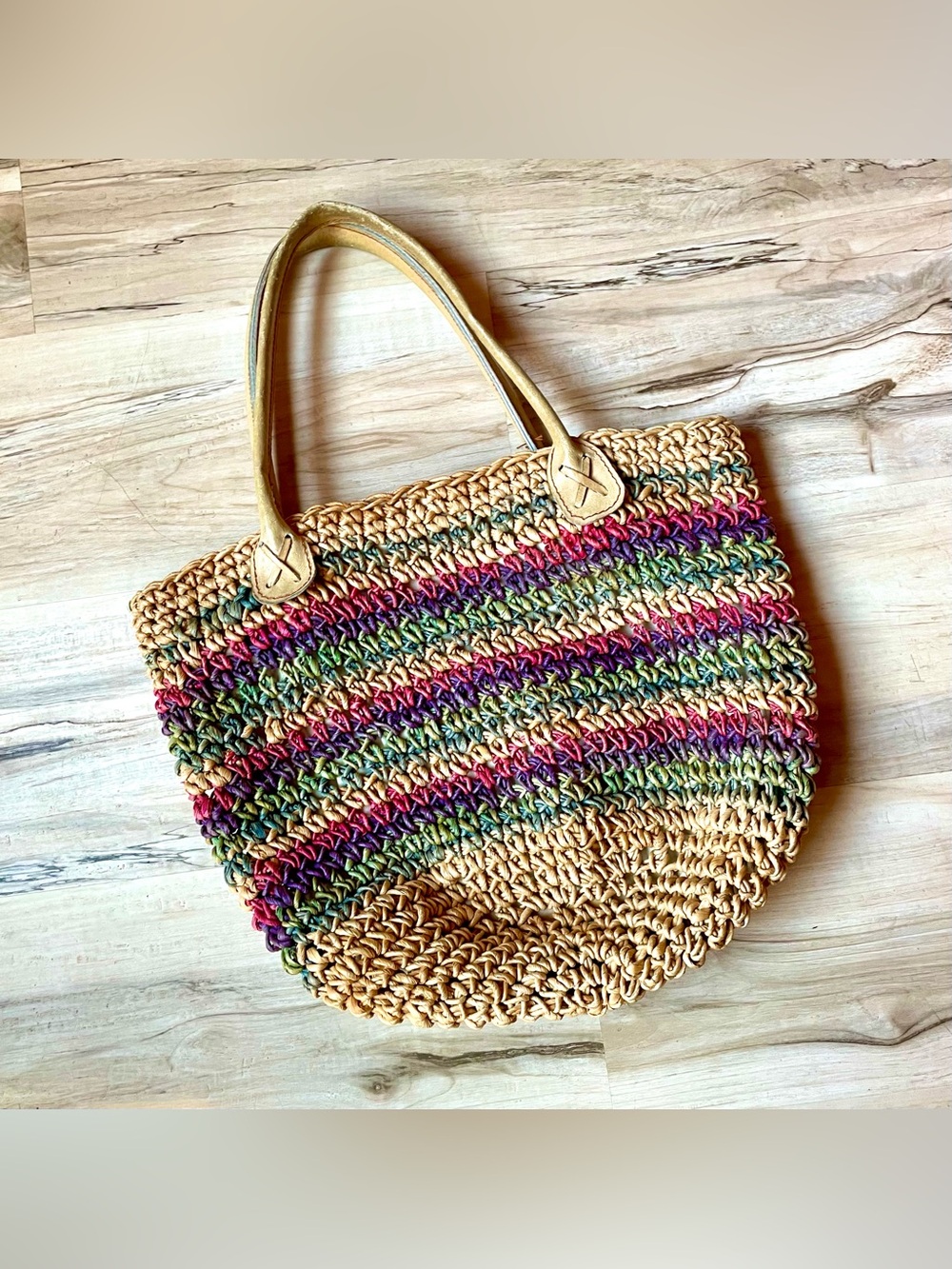 Handwoven Multicolor Straw Tote Bag - Neutral Tan & Rainbow Stripes
